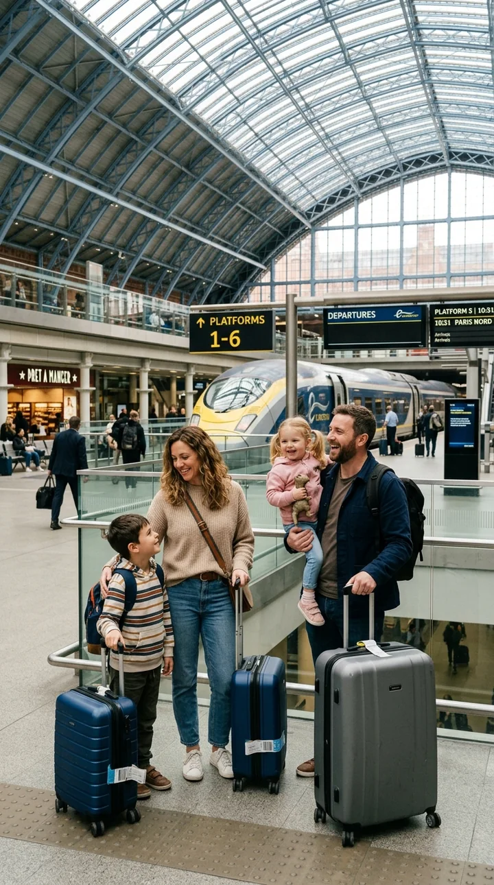 Foto einer Familie mit Koffern am Bahnsteig