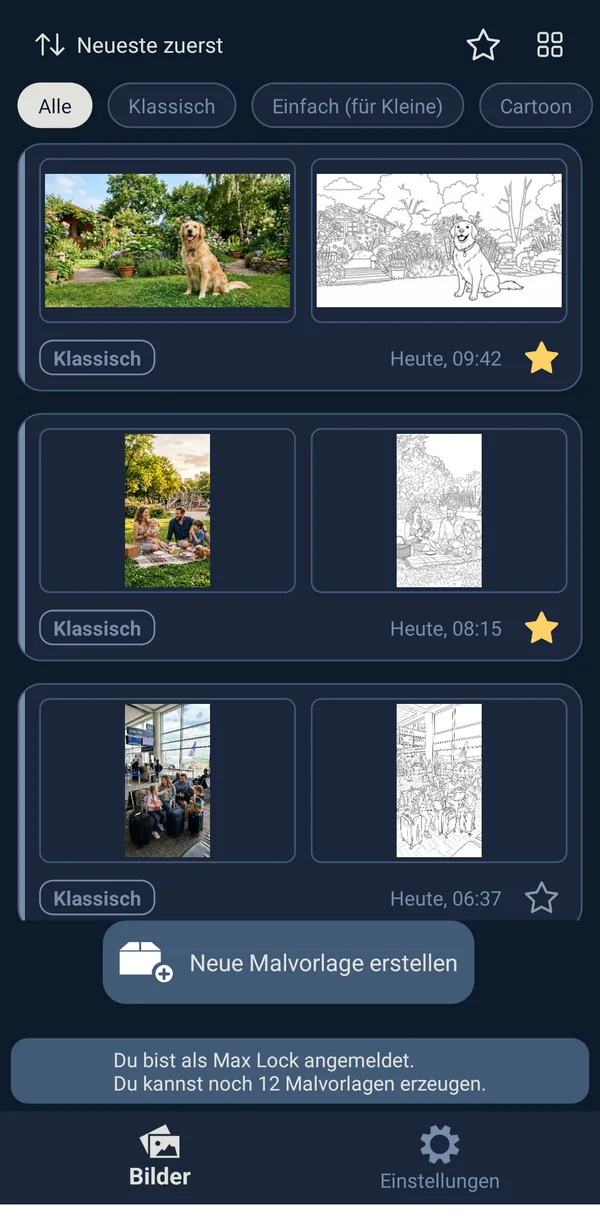 Lineify zeigt zu jedem Foto die daraus erzeugte Malvorlage direkt daneben
