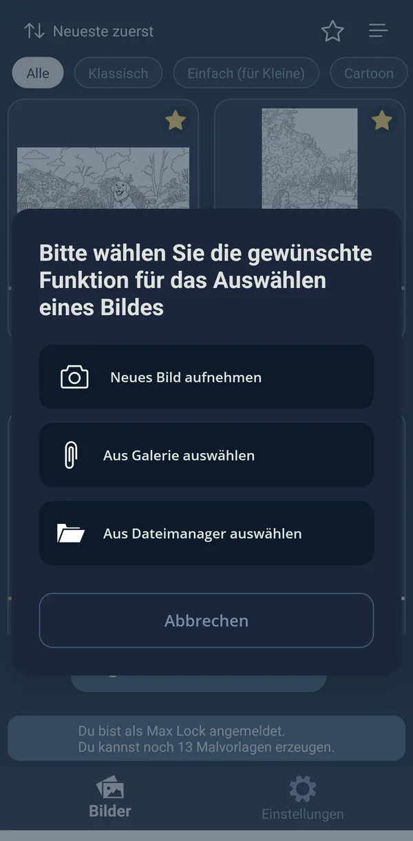 Auswahl der Bildquelle: Neues Bild aufnehmen, Aus Galerie auswählen, Aus Dateimanager auswählen